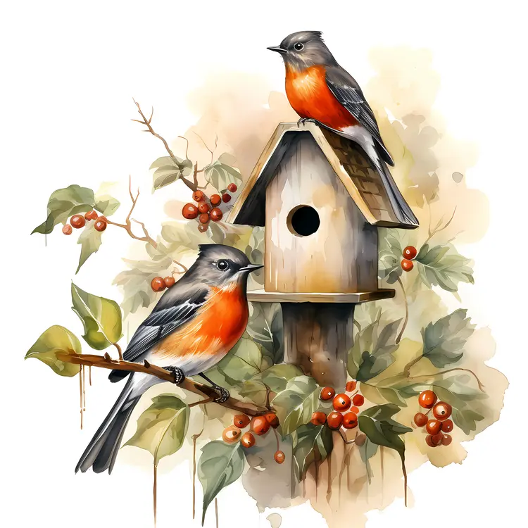 Two Birds on Birdhouse with Berries