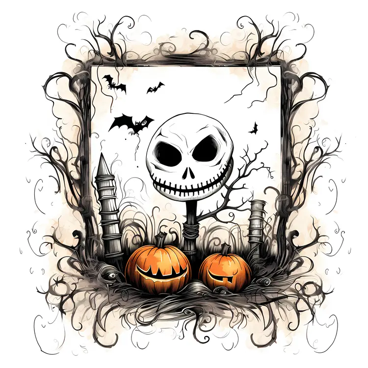Jack Skellington with Pumpkins and Halloween Decorations