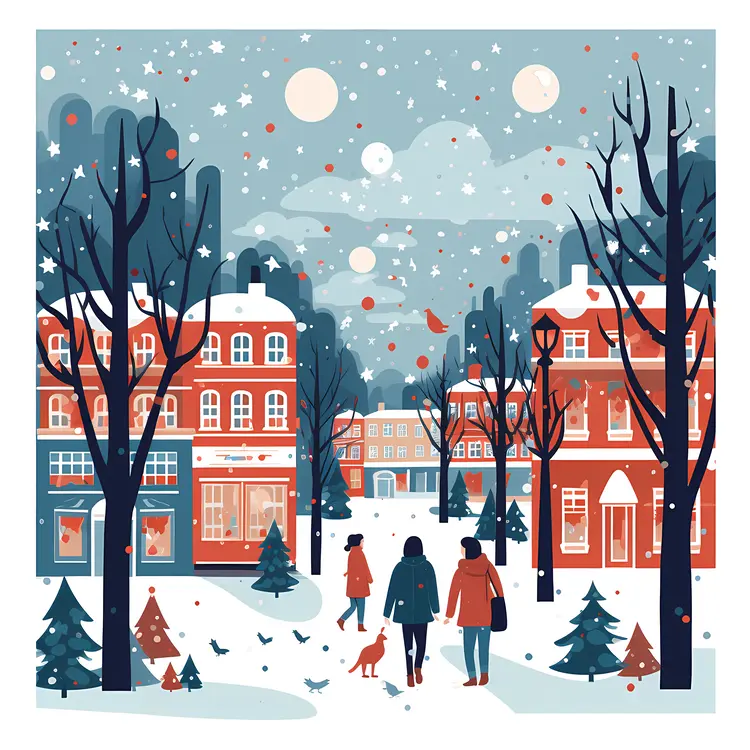 Winter Town with Snow and People