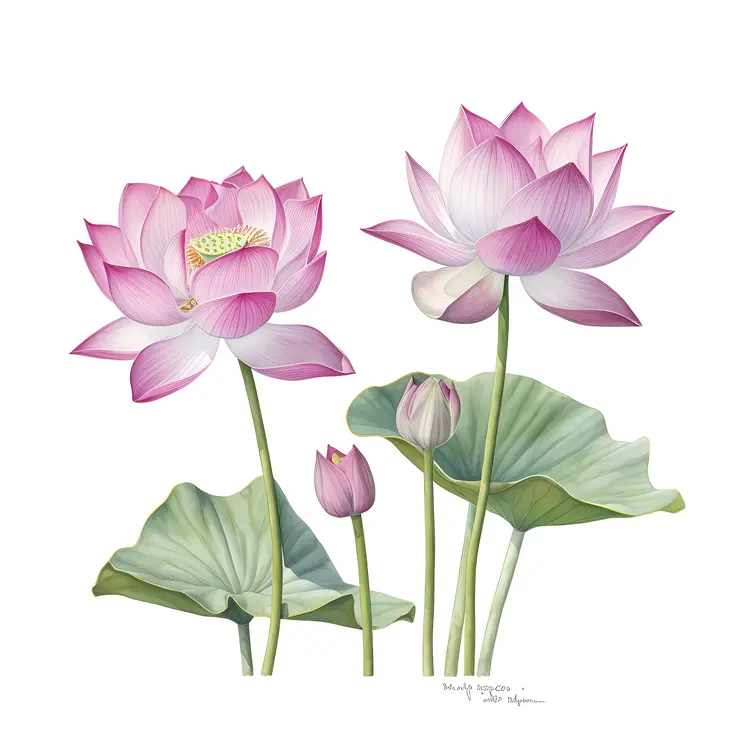 Beautiful Pink Lotus Botanical Illustration