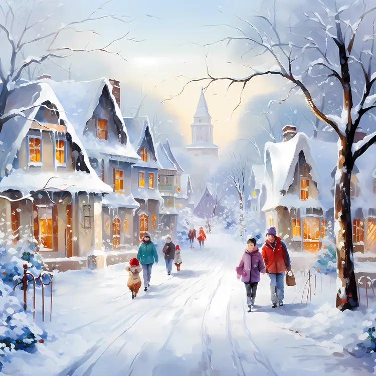 Snowy Village with People Walking