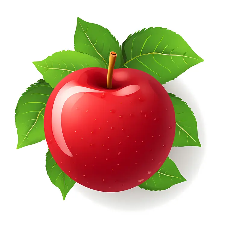 Glossy Red Apple with Leaves