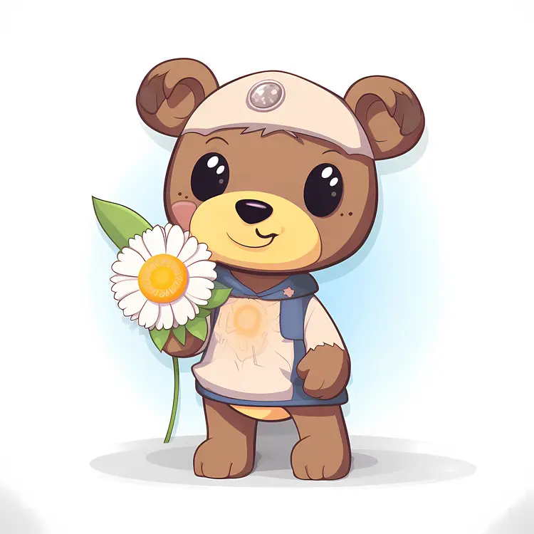 Cute Cartoon Bear Holding a Flower