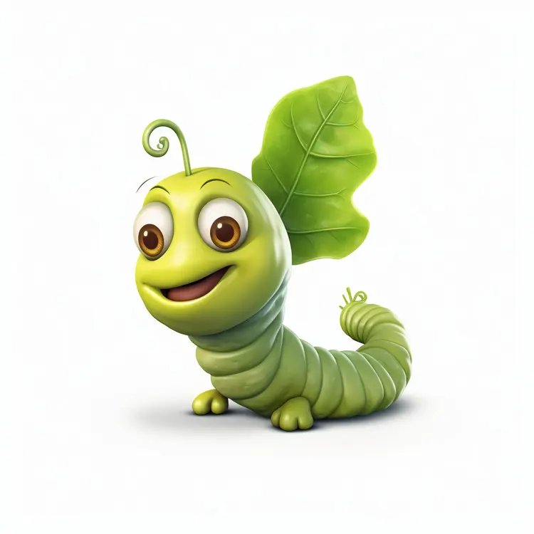 Cute Green Caterpillar Cartoon with Leaf