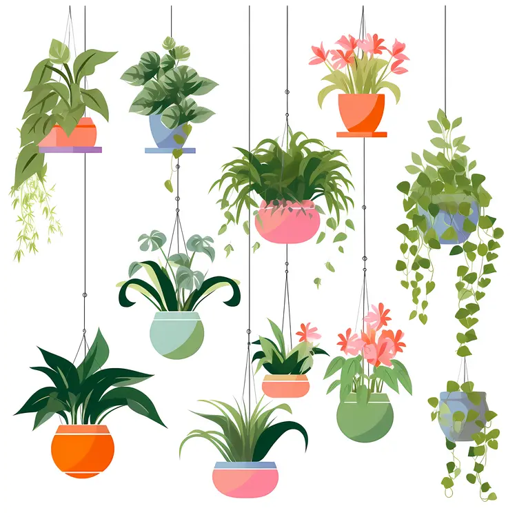 Diverse Hanging Plants in Decorative Pots
