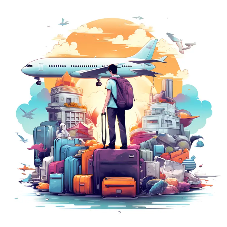 Traveler with Luggage and Airplane