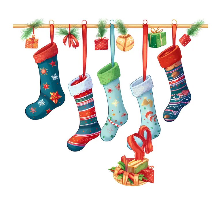 Colorful Christmas Stockings with Gifts and Decorations