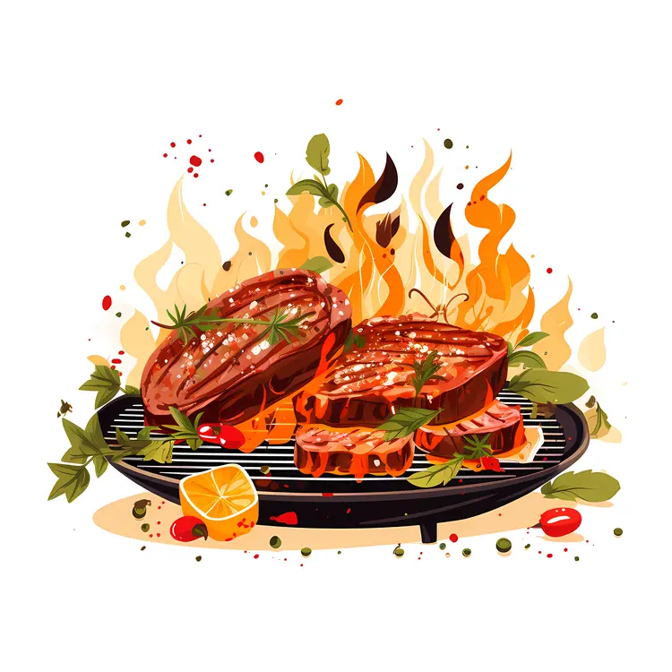 Grilled Steaks on Barbecue with Flames