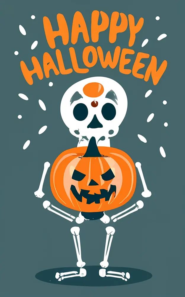 Happy Halloween Text with Skeleton and Pumpkin
