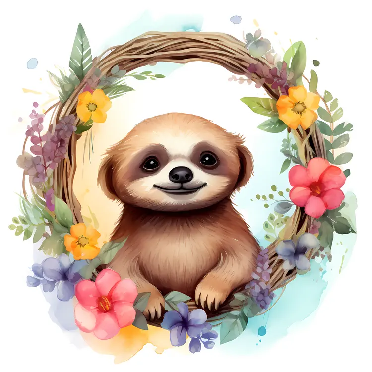Cute Sloth in Floral Wreath Illustration