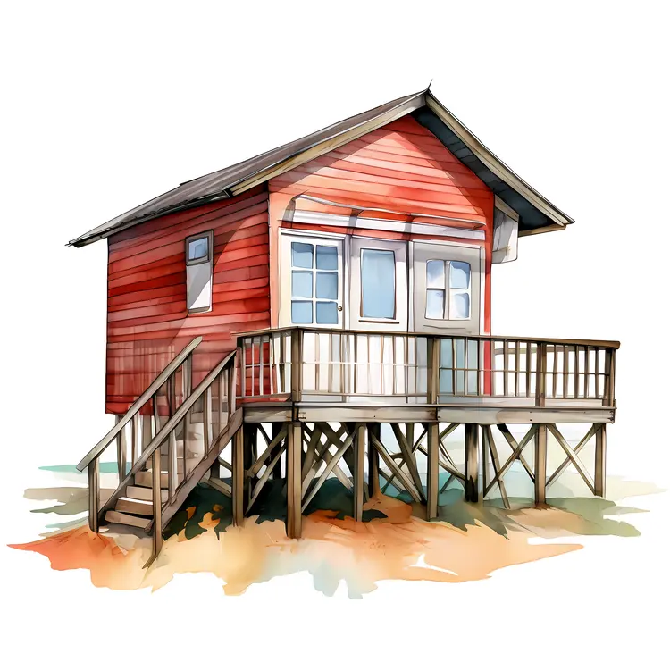 Red Wooden Beach House with Large Deck