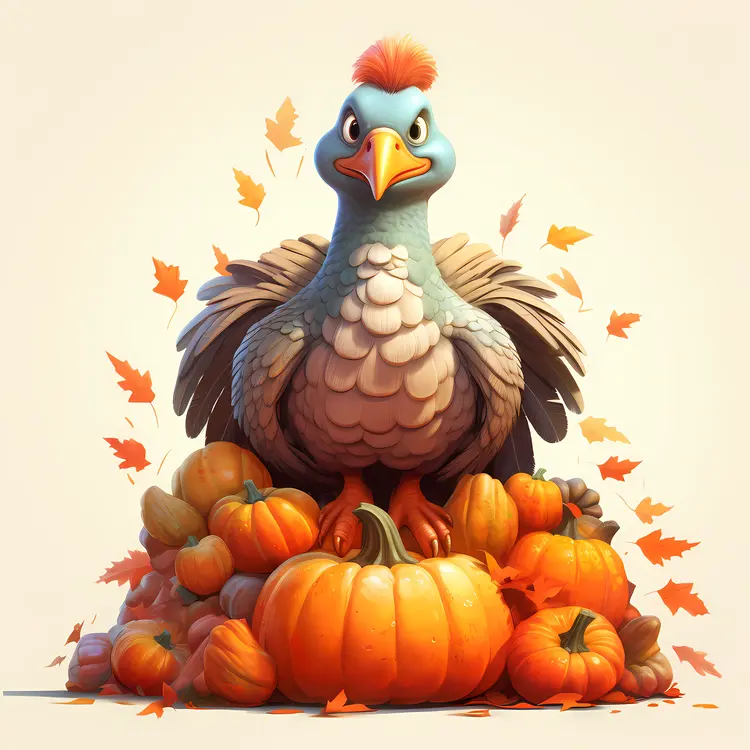 Serious Turkey with Pumpkins and Autumn Leaves