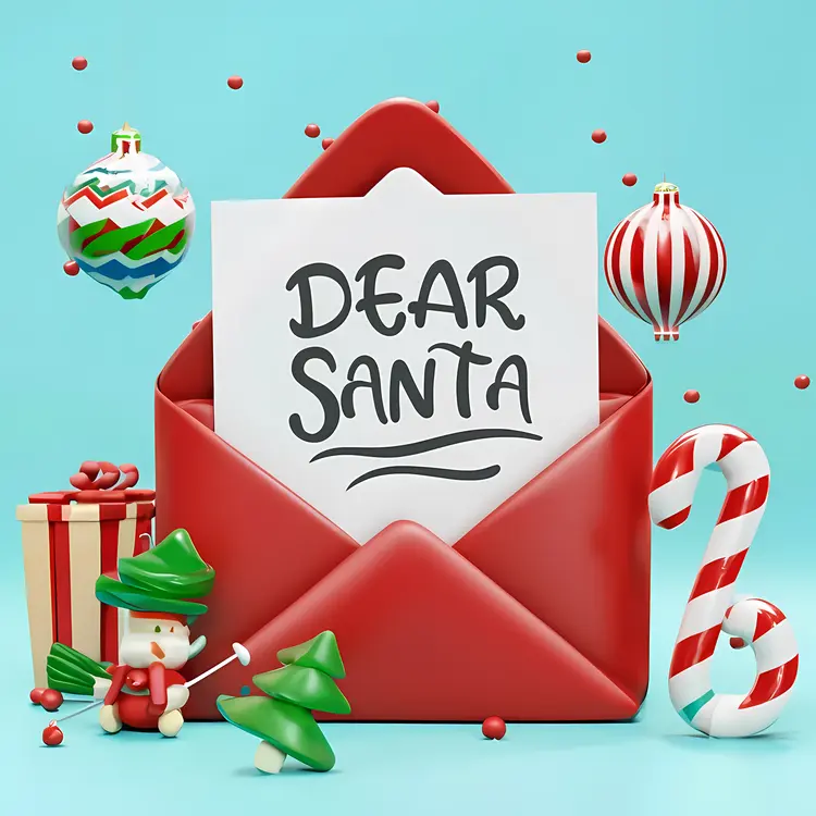 Dear Santa Letter in Red Envelope with Christmas Decorations