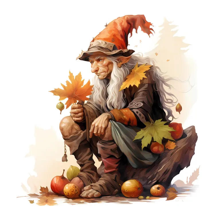 Old Elf with Autumn Leaves and Pumpkins
