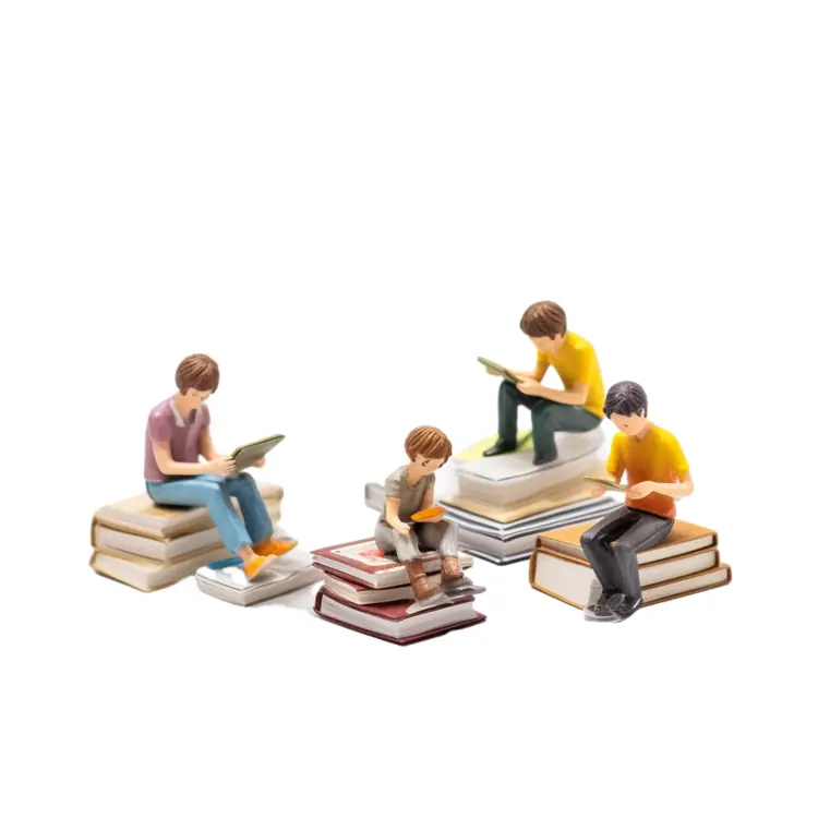 Miniature People Reading on Stacks of Books