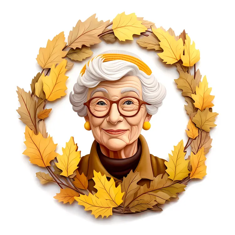 Elderly Woman with Autumn Leaf Wreath