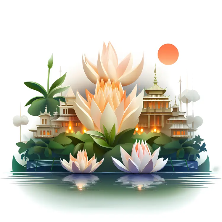 Temple with Lotus Candles and Reflection