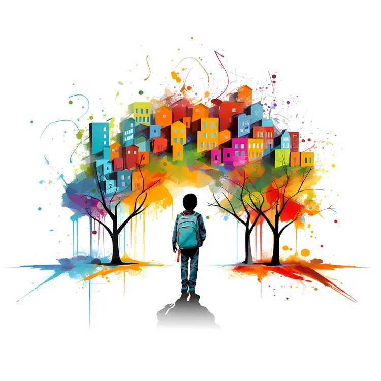 Boy with Backpack Walking Towards Colorful City