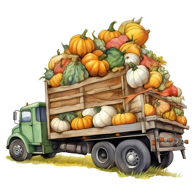 Green Truck Loaded with Pumpkins for Harvest Season