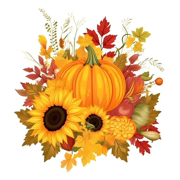 Autumn Harvest Pumpkin with Sunflowers and Leaves