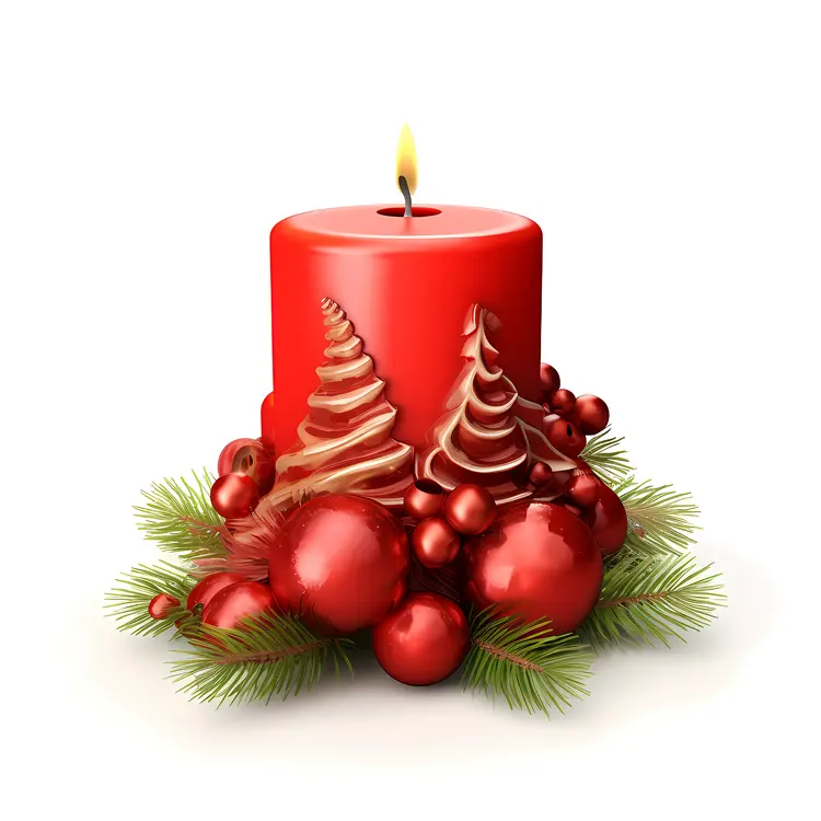 Red Candle with Ornaments and Greenery