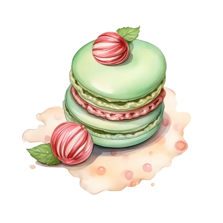 Stacked green macarons with red candies