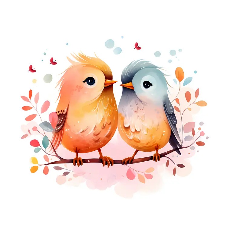 Cute Birds on a Branch with Leaves