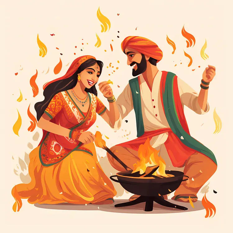 Couple Celebrating Lohri Around Fire