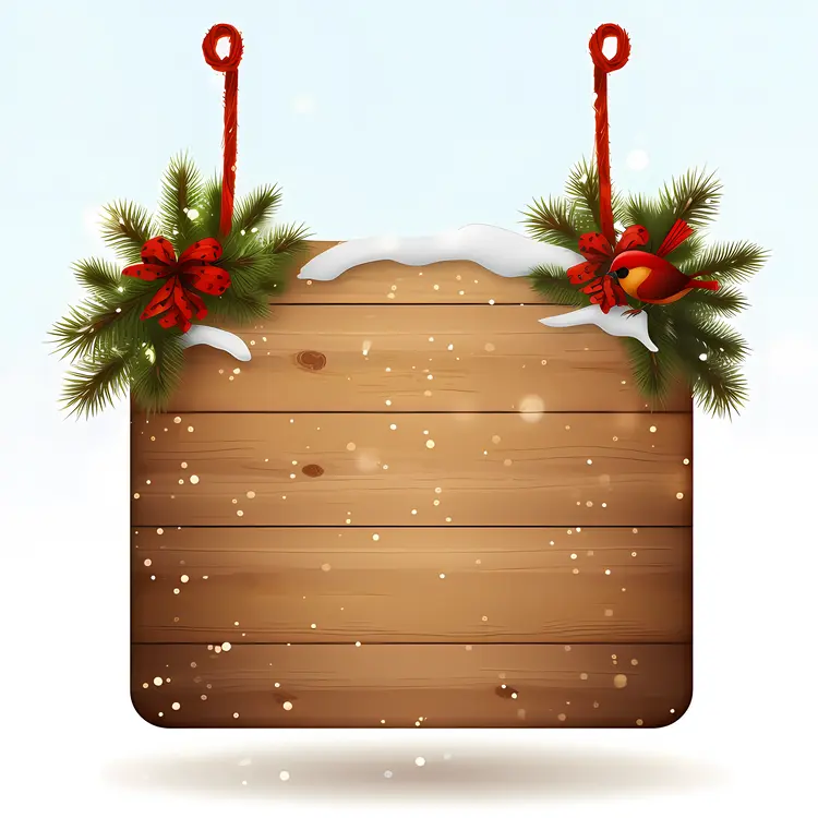 Hanging Wooden Sign with Snow and Greenery