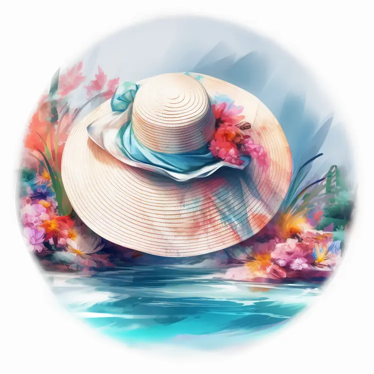 Beautiful Straw Hat with Flowers by the Pool