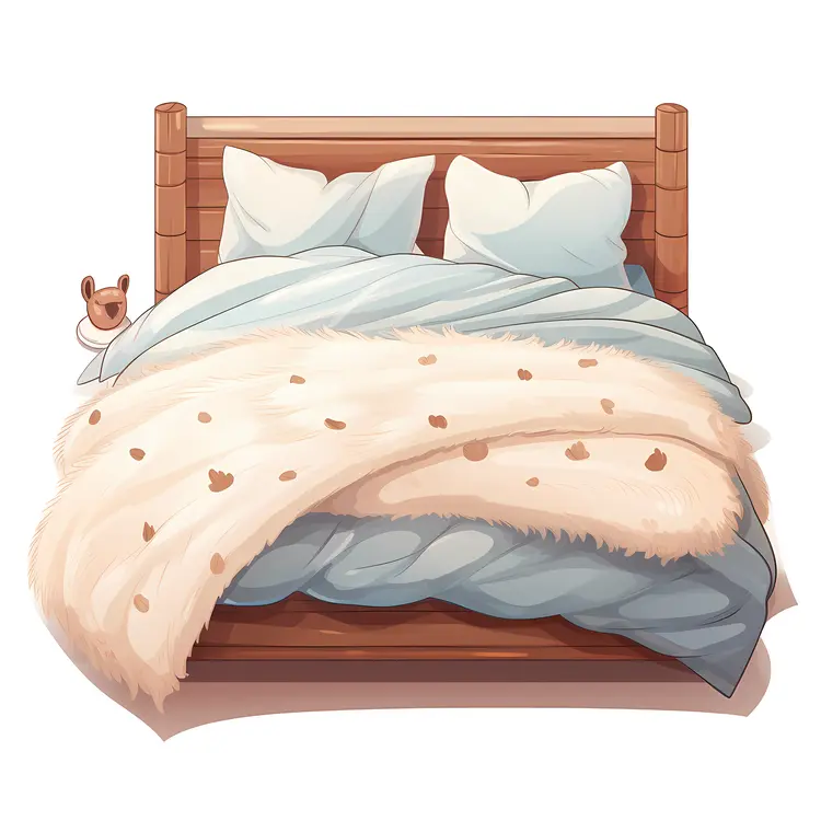 Wooden Bed with Fluffy Blanket and Teddy Bear