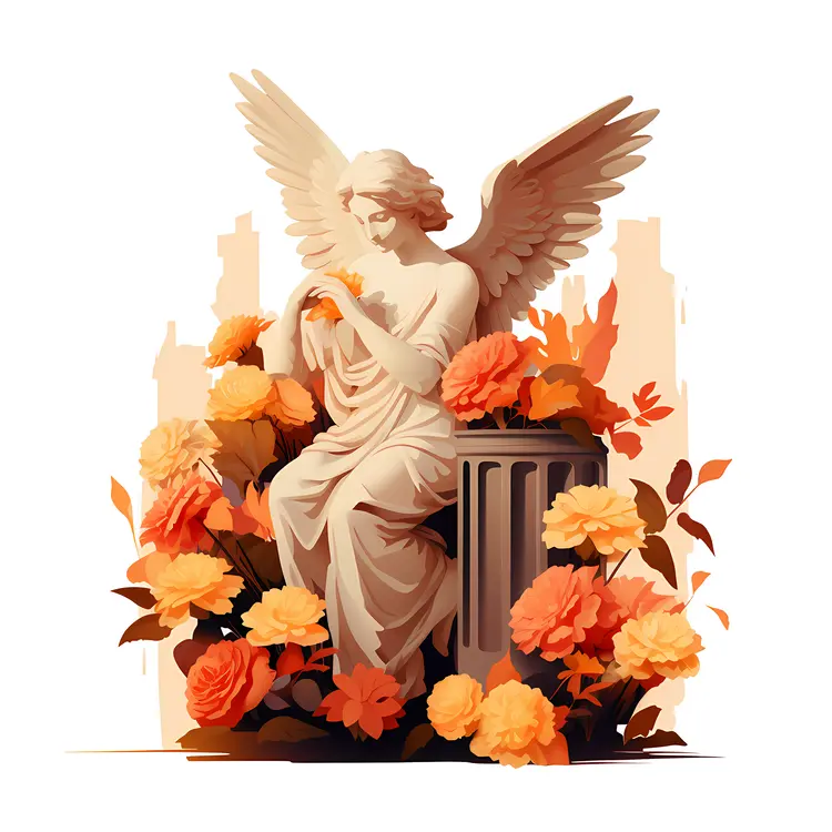 Angel Statue with Orange Flowers