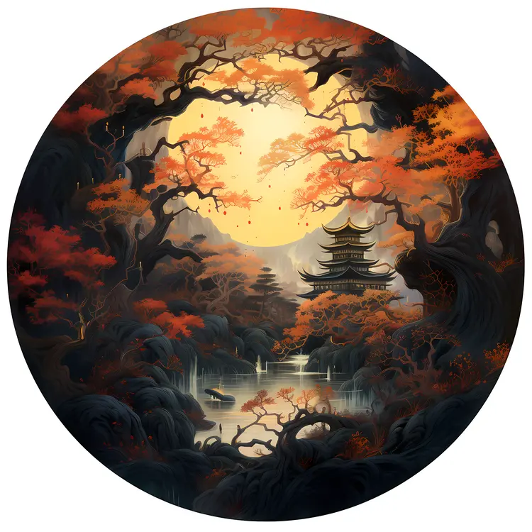 Pagoda in Autumn Forest by the Lake