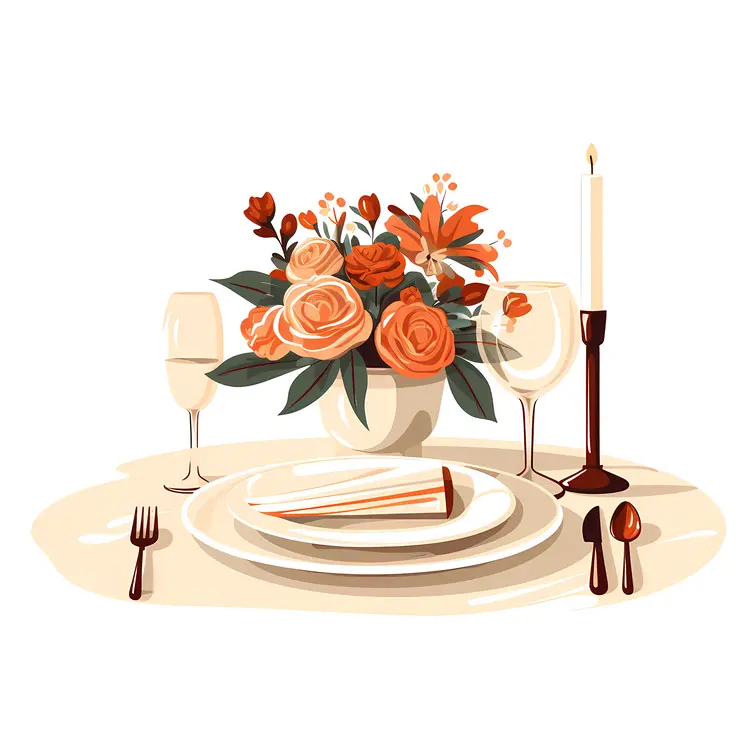 Elegant Table Setting with Orange Flowers and Candle