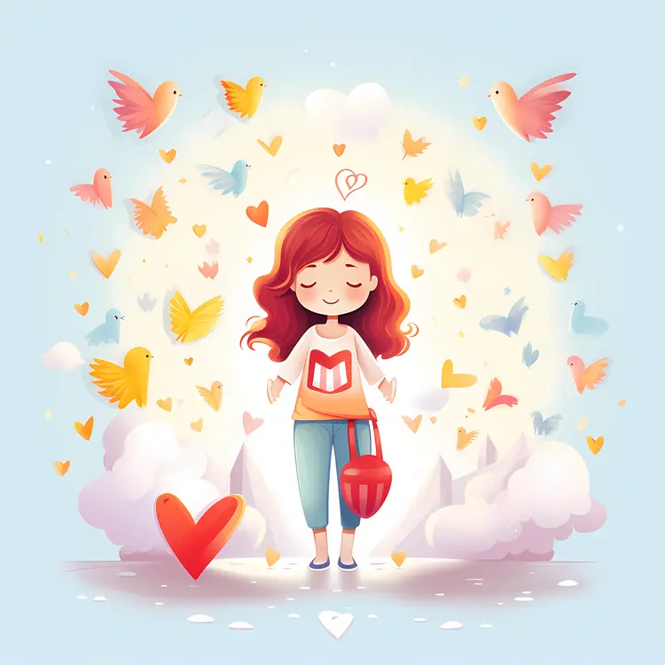 Cute Girl with Birds and Hearts in a Peaceful Scene