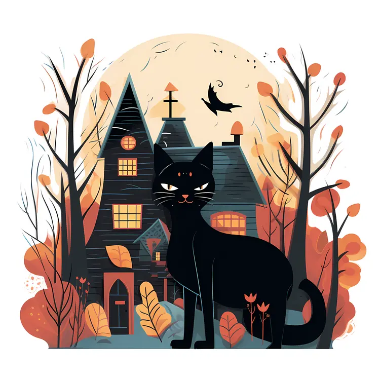 Black Cat in Front of Haunted House