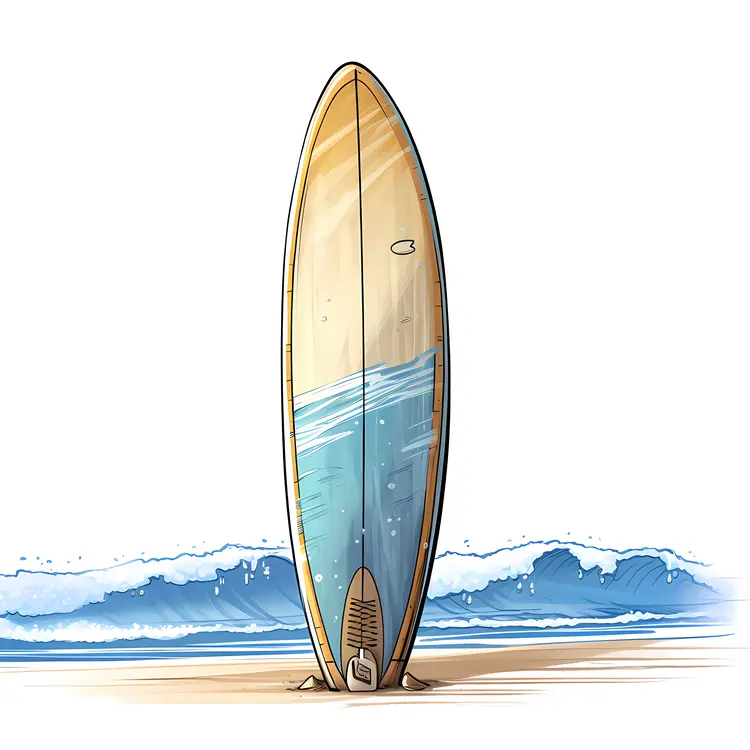 Surfboard on Beach with Waves