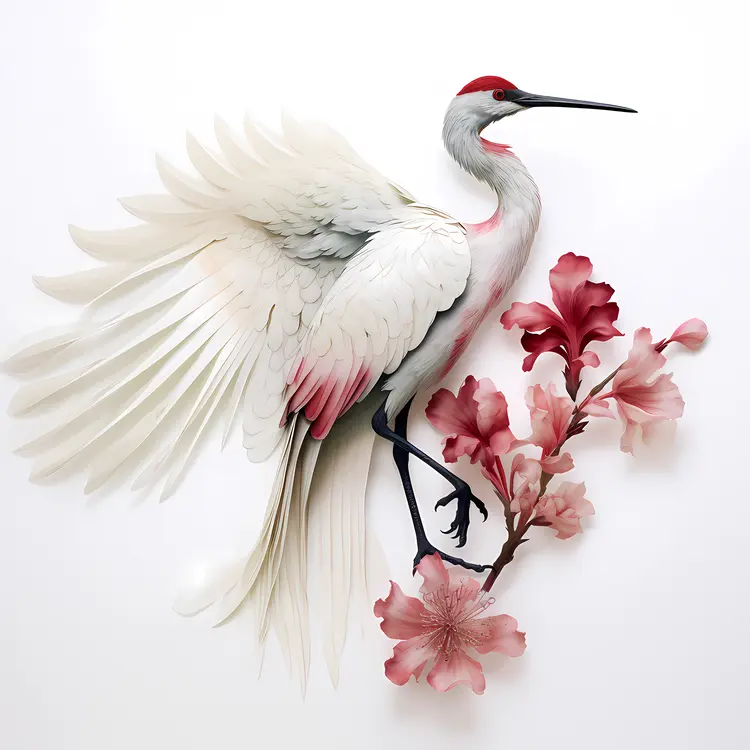 Elegant White Crane with Flowers