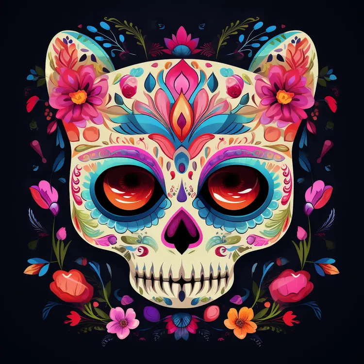 Colorful Sugar Skull with Floral Decorations for Day of the Dead