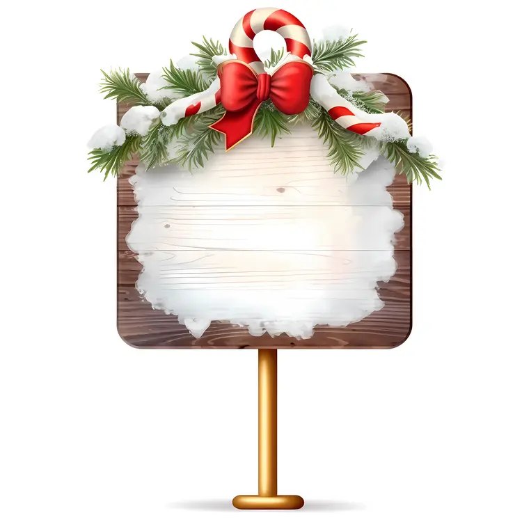 Wooden Sign with Candy Cane Bow and Snow