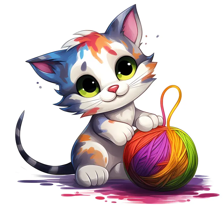 Cute Kitten with Colorful Yarn Ball