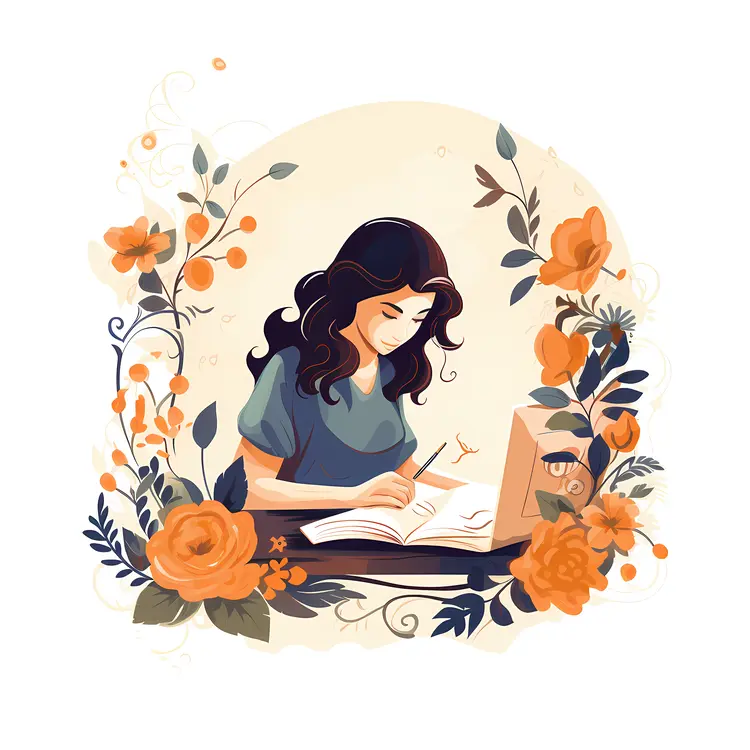 Woman Writing in Notebook with Floral Decoration