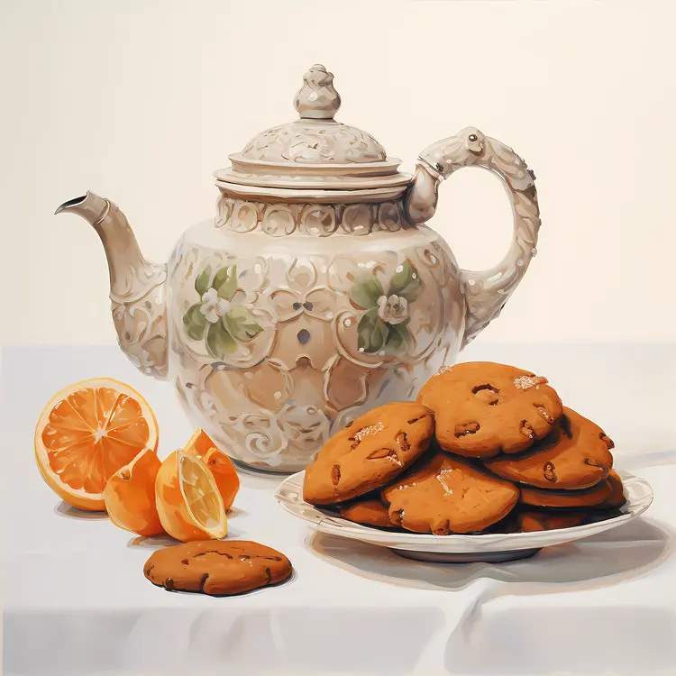 Ornate Teapot with Cookies and Lemon Slices