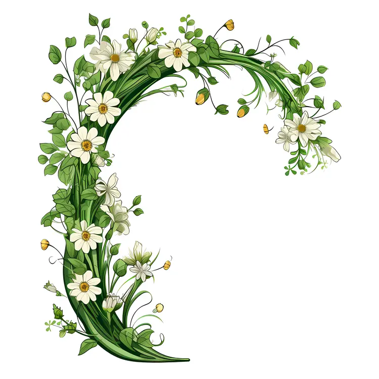 Beautiful Floral Letter C with Green Leaves and White Flowers