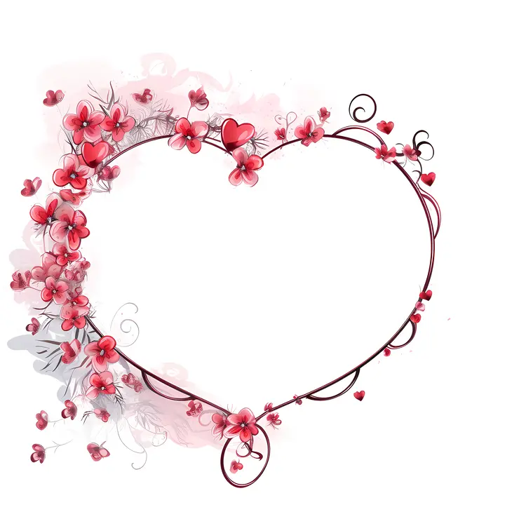 Heart Frame with Pink Flowers and Swirls for Valentine's Day