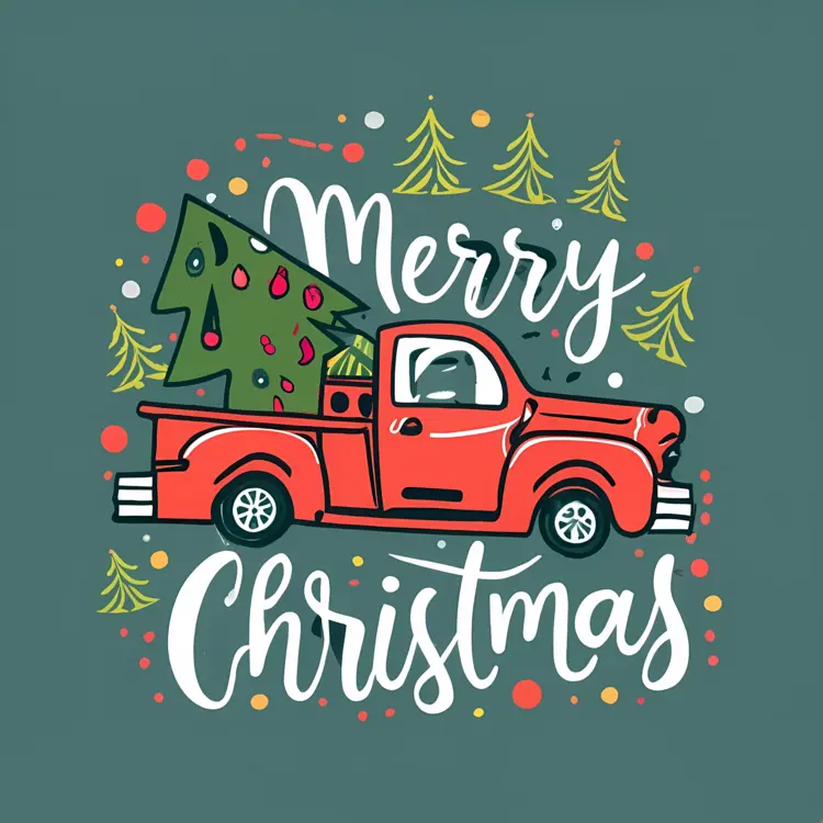 Red Truck with Christmas Tree and Merry Christmas Text