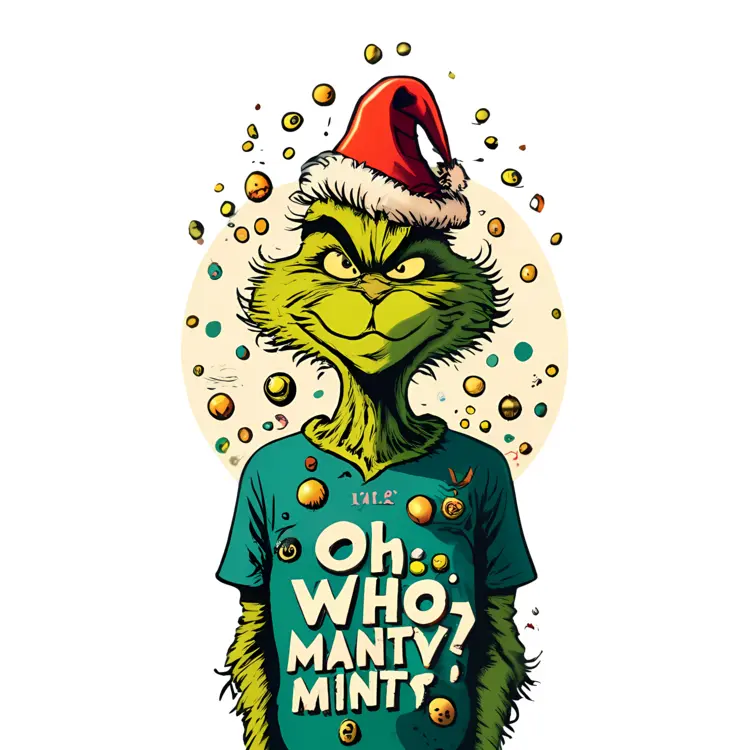 Green Grinch with 'OH. WHO. MANY? MINTY?' Shirt