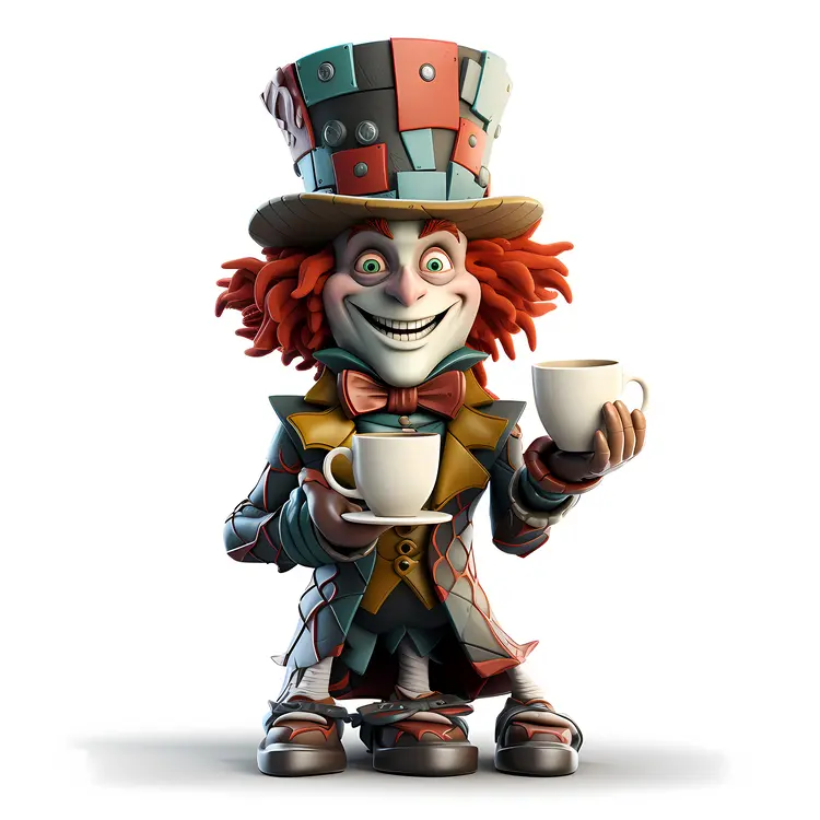 Cartoon Mad Hatter Holding Two Tea Cups