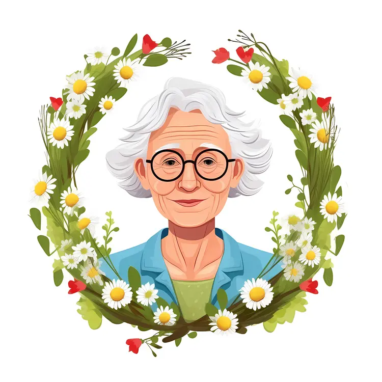 Elderly Woman Surrounded by Floral Wreath for Grandparents Day