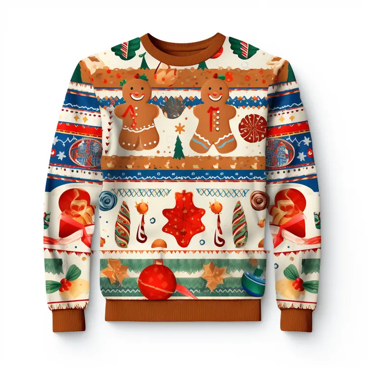 Festive Christmas Sweater with Gingerbread Men and Ornaments